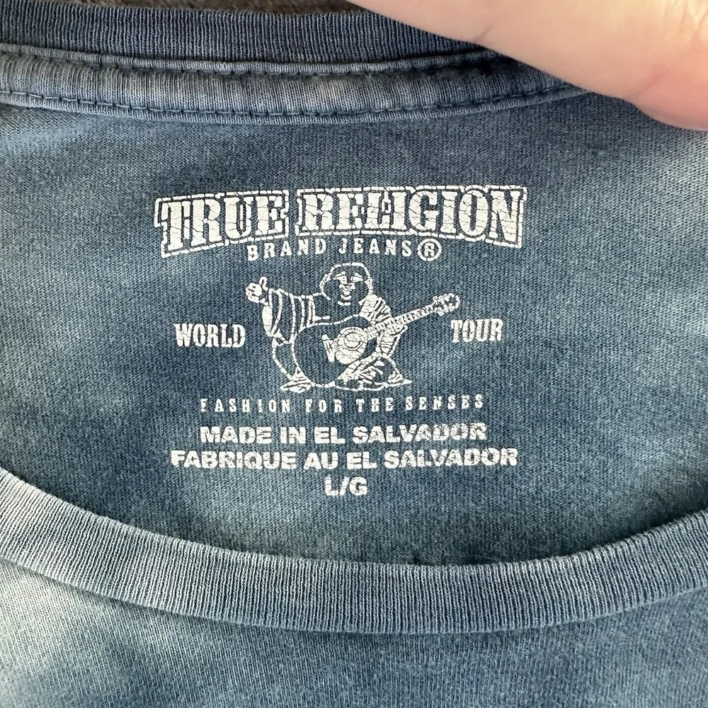 True Religion T-Shirt Men's L Ocean Waves Blue Tie Dye Buddha Short Sleeve